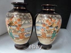 Antique Japanese Pottery SIGNED VASES PAIR SET OF 2 NO DAMAGE