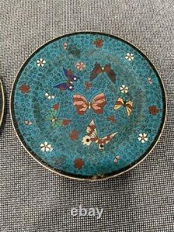 Antique Japanese Signed Kinkozan Porcelain Pair of Butterfly Decorated Plates
