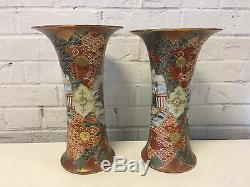 Antique Japanese Signed Pair of Kutani Porcelain Vases with Figures & Pagoda Dec