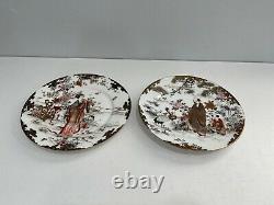 Antique Japanese Signed Pair of Porcelain Plates w Man Woman Children Crane Dec