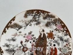 Antique Japanese Signed Pair of Porcelain Plates w Man Woman Children Crane Dec