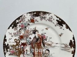 Antique Japanese Signed Pair of Porcelain Plates w Man Woman Children Crane Dec