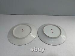 Antique Japanese Signed Pair of Porcelain Plates w Man Woman Children Crane Dec