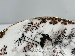 Antique Japanese Signed Pair of Porcelain Plates w Man Woman Children Crane Dec