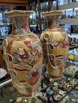 Antique Japanese pair Satsuma Vase Hand Gilded Signed 47cm