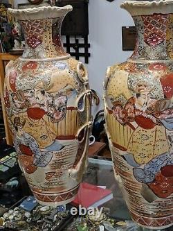 Antique Japanese pair Satsuma Vase Hand Gilded Signed 47cm