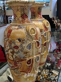 Antique Japanese pair Satsuma Vase Hand Gilded Signed 47cm