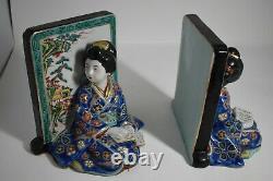 Antique Kutani Imari Geisha Bijin Pair Bookends Signed
