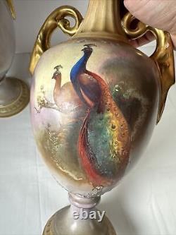 Antique Large Crown Devon Vases Peacocks Signed W. Stuart Circa 1900 Pair 14'