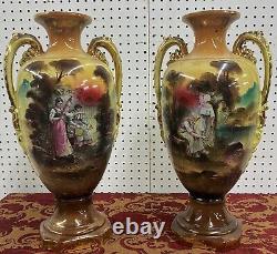 Antique Large Pair Vases Figures & Floral Signed Harley Jones England 19 c1918