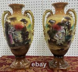 Antique Large Pair Vases Figures & Floral Signed Harley Jones England 19 c1918