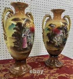 Antique Large Pair Vases Figures & Floral Signed Harley Jones England 19 c1918