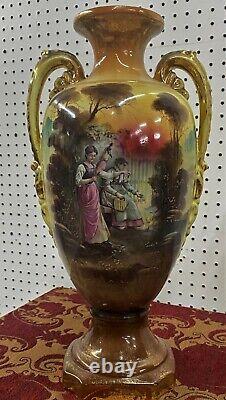 Antique Large Pair Vases Figures & Floral Signed Harley Jones England 19 c1918