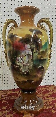 Antique Large Pair Vases Figures & Floral Signed Harley Jones England 19 c1918