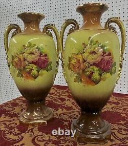 Antique Large Pair Vases Figures & Floral Signed Harley Jones England 19 c1918