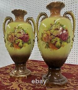 Antique Large Pair Vases Figures & Floral Signed Harley Jones England 19 c1918