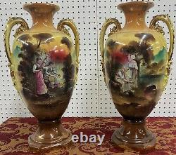 Antique Large Pair Vases Figures & Floral Signed Harley Jones England 19 c1918