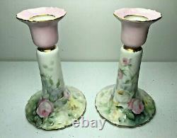 Antique Limoges France Hand Painted Floral Candlesticks SIGNED Pair 1907 Roses