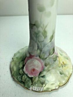 Antique Limoges France Hand Painted Floral Candlesticks SIGNED Pair 1907 Roses