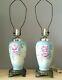 Antique Limoges Table Lamp Pair Signed Hand Painted Signed Blue W Pink Roses Bin