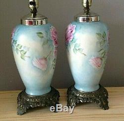 Antique Limoges Table Lamp Pair Signed Hand Painted Signed Blue w Pink Roses BIN
