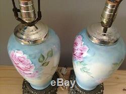 Antique Limoges Table Lamp Pair Signed Hand Painted Signed Blue w Pink Roses BIN