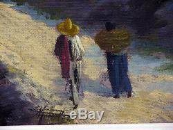 Antique MEXICAN IMPRESSIONIST OIL PAINTING MOUNTAIN WITH WALKING COUPLE -SIGNED