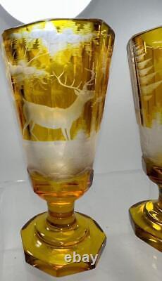 Antique MOSER Glass SIGNED PAIR Left Right Engraved Stag Deer Hunting Cup Vases