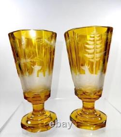 Antique MOSER Glass SIGNED PAIR Left Right Engraved Stag Deer Hunting Cup Vases