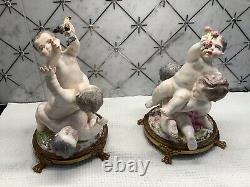 Antique Majolica 1842 Pair Porcelain Putti with Bronze Signed base excellent