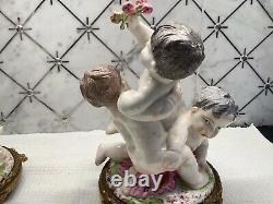Antique Majolica 1842 Pair Porcelain Putti with Bronze Signed base excellent
