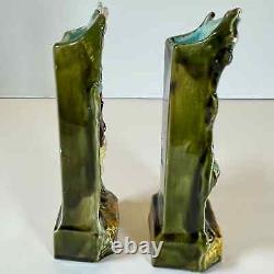 Antique Matched Pair Boy And Girl South Seas French Majolica Signed Vases