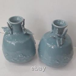 Antique Matching Pair of Japanese Blue Celadon Vases Signed Yamatoku