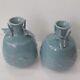 Antique Matching Pair Of Japanese Blue Celadon Vases Signed Yamatoku