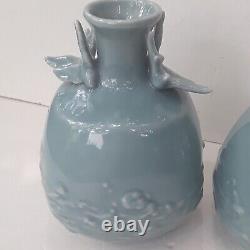 Antique Matching Pair of Japanese Blue Celadon Vases Signed Yamatoku