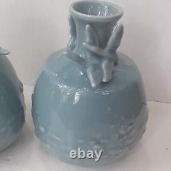 Antique Matching Pair of Japanese Blue Celadon Vases Signed Yamatoku