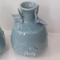 Antique Matching Pair of Japanese Blue Celadon Vases Signed Yamatoku