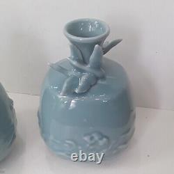 Antique Matching Pair of Japanese Blue Celadon Vases Signed Yamatoku