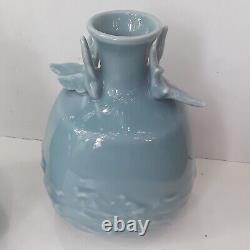 Antique Matching Pair of Japanese Blue Celadon Vases Signed Yamatoku