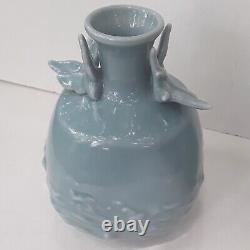 Antique Matching Pair of Japanese Blue Celadon Vases Signed Yamatoku