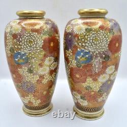 Antique Meiji Millefleur Signed Satsuma Chrysanthemum Flower Porcelain Vase Pair