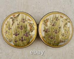 Antique Meiji-period Japanese Satsuma Iris, Bird & Butterfly buckle pair signed