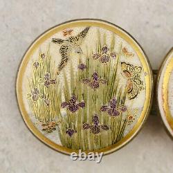 Antique Meiji-period Japanese Satsuma Iris, Bird & Butterfly buckle pair signed