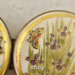 Antique Meiji-period Japanese Satsuma Iris, Bird & Butterfly buckle pair signed