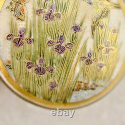 Antique Meiji-period Japanese Satsuma Iris, Bird & Butterfly buckle pair signed