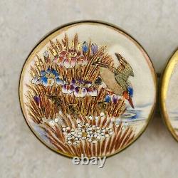 Antique Meiji-period Japanese Satsuma Kingfisher & Iris buckle pair signed