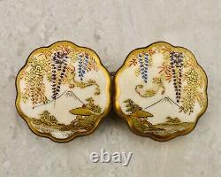 Antique Meiji-period Japanese Satsuma Wisteria & Mt Fuji buckle pair signed