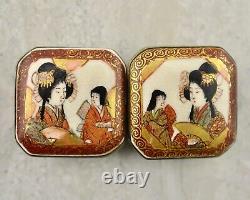 Antique Meiji-period Japanese Satsuma painted Bijin figural buckle pair signed