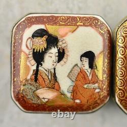 Antique Meiji-period Japanese Satsuma painted Bijin figural buckle pair signed