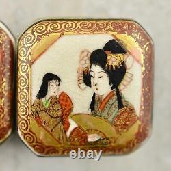 Antique Meiji-period Japanese Satsuma painted Bijin figural buckle pair signed